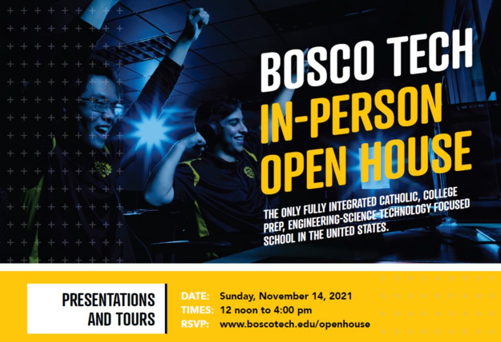 WeAreBoscoTech's tweet photo. Join us--Open House is Sunday, Nov. 14, between 12 noon and 4 p.m. Discover all that Bosco Tech has to offer!
Register at https://t.co/zsMMFbYkaI
#weareboscotech #OpenHouse #theTechdifference https://t.co/7MTe8svhP6