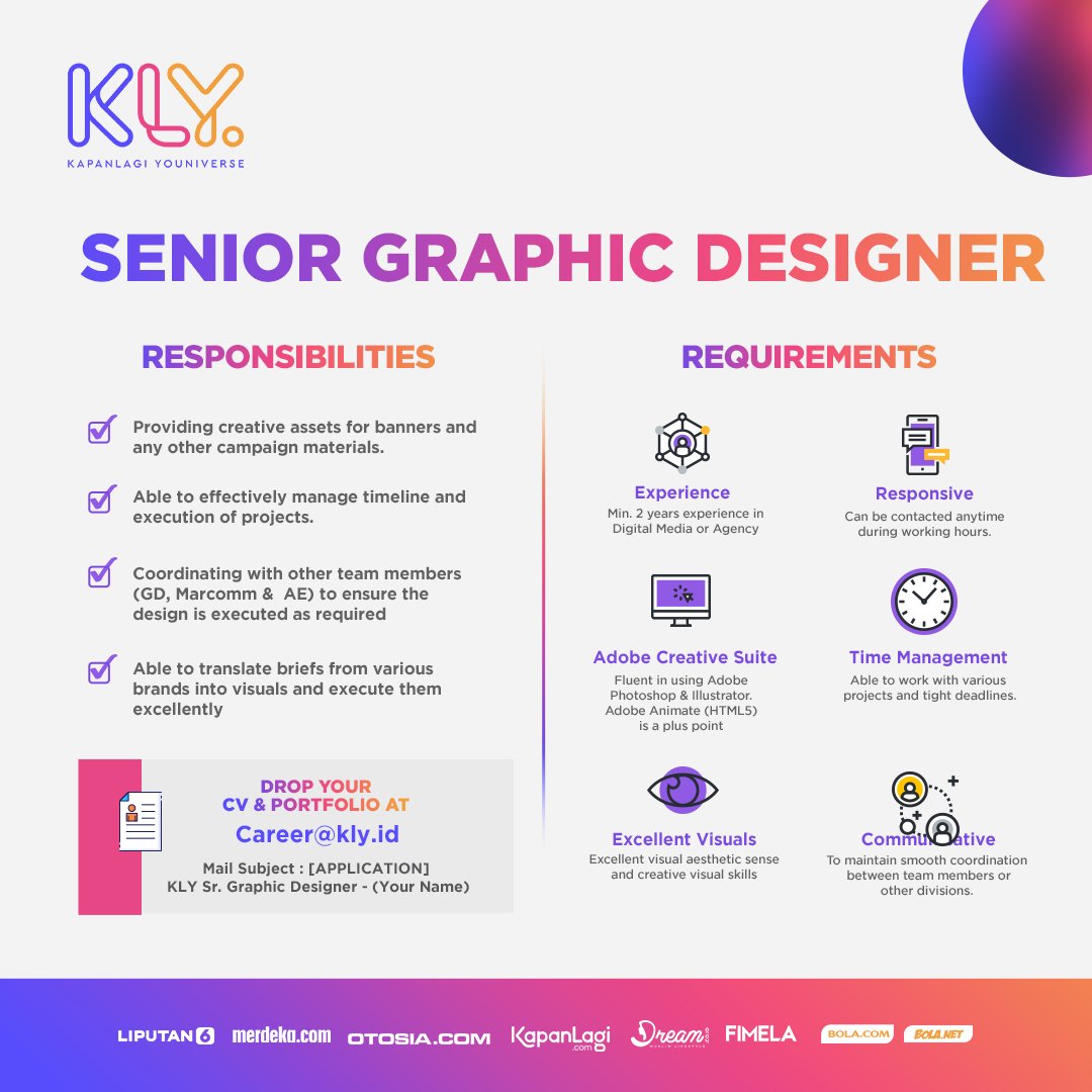 Bolanet's tweet image. Those who are reliable, great at multitask, and passionate about Digital Media definitely shouldn't miss the chance working with us as Senior Graphic Designer.
 
Those who are qualified with the requirements, drop your CV &amp;amp; Portfolio at career@kly.id!
 
#LowonganKerja #KLY