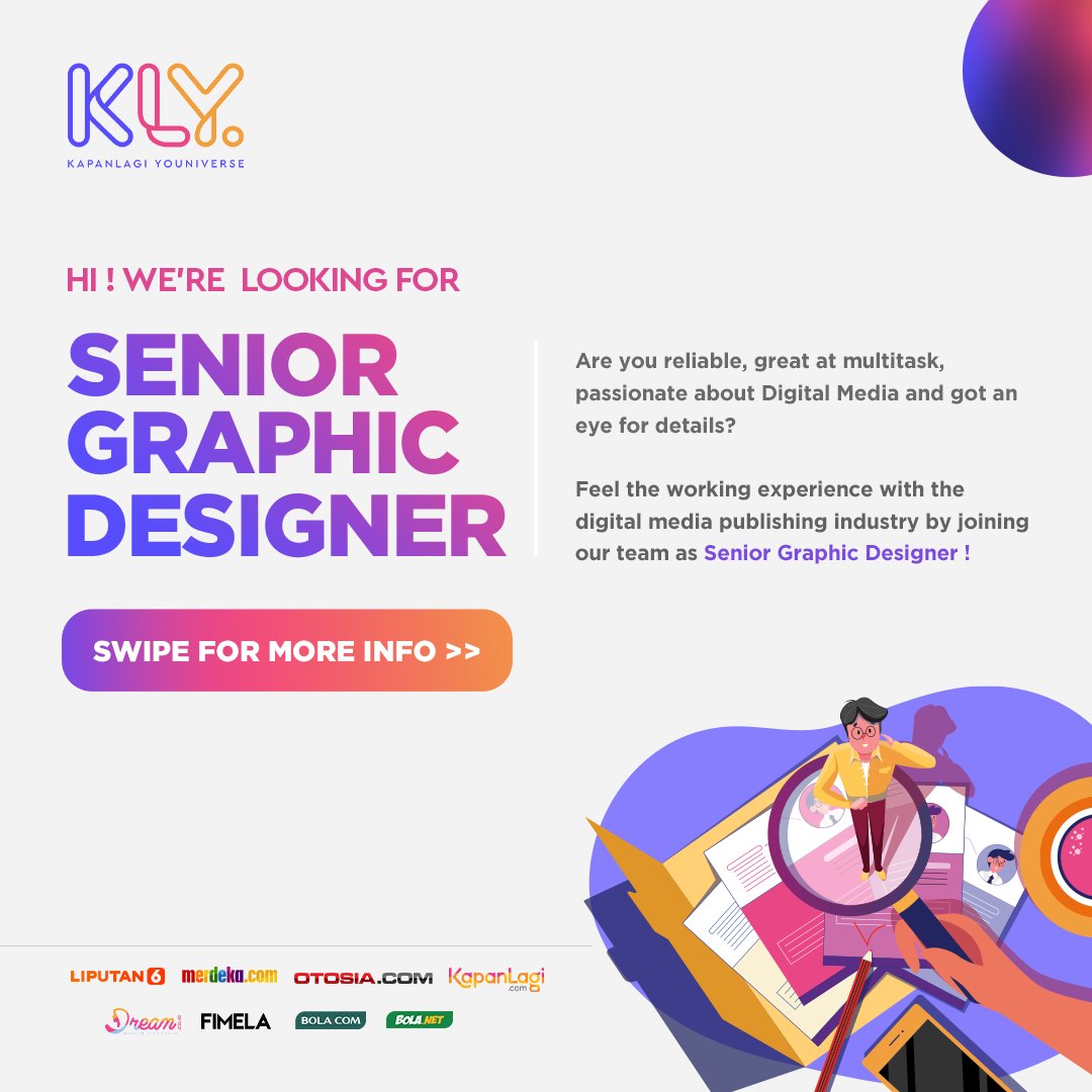 Bolanet's tweet image. Those who are reliable, great at multitask, and passionate about Digital Media definitely shouldn't miss the chance working with us as Senior Graphic Designer.
 
Those who are qualified with the requirements, drop your CV &amp;amp; Portfolio at career@kly.id!
 
#LowonganKerja #KLY