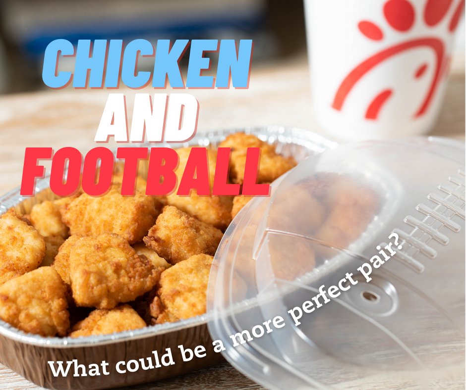 CFAReston's tweet photo. Start the game with a 30-count lead. Tailgating or just looking to feed the family? Come grab a 30-count of Chick-fil-A® Nuggets in a football tray this season for no extra charge! Also available in for 10-count Chick-n-Minis®! #football #gameon #chicken https://t.co/gcOalhrRzL