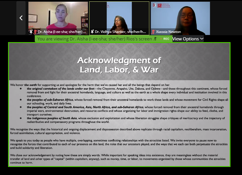 Happening now: Our plenary session, “Abolishing Carcerality and Whiteness In, Through, and Around Evaluation” is underway! #Eval21