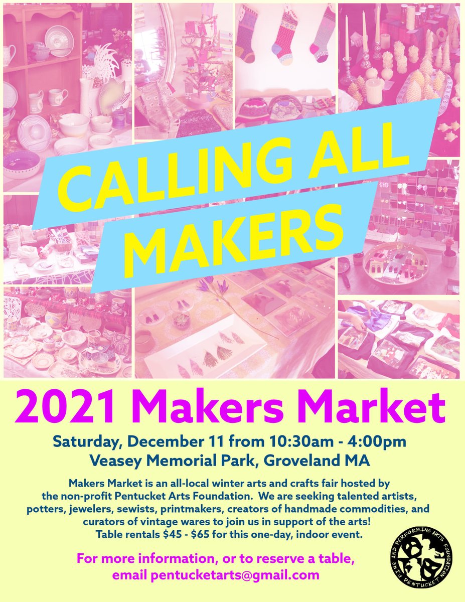 ArtsPentucket's tweet photo. Vendor registration for the Makers Market is still open and we would love to hear from you! Join us on Sat., Dec. 11 from 10:30am - 4pm at Veasey Park in Groveland, MA for the most creative holiday shopping event of the season by emailing pentucketarts@gmail.com! #pentucket #arts https://t.co/S0nAwmpcZW