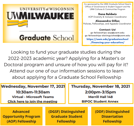 uwm_msc's tweet image. BIPOC Grad students: Join Dana &amp;amp; Alex from the @uwmgradschool to learn about applying for the 2022-2023 fellowships. Virtual session plus a session in the BIPOC Grad Student Annex in 148 Merrill Hall!