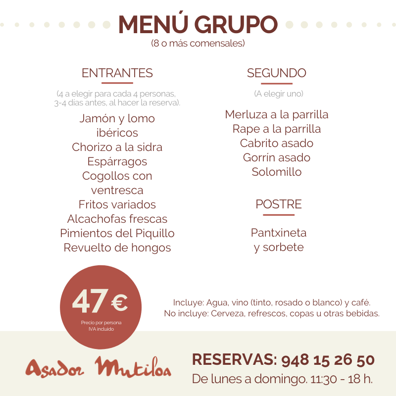¿Queréis venir al #Mutiloa a comer? 
A partir de 8 comensales, nuestro menú de grupo es perfecto para disfrutar de una selección de los platos estrella.
No olvides llamar unos días antes para reservar tu mesa y seleccionar los entrantes. ¡Gracias!
#ElSaborDeLoBueno