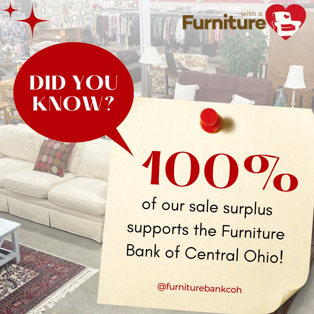 FurnitureWHeart's tweet photo. 🛍️Did you know that when you shop at Furniture with a Heart, your purchase directly supports the mission of Furniture Bank of Central Ohio? Together, we help furnish the homes of about 3,000 local families in need each year!❤️🏡

Store Locations &amp; Hours ➡️ https://t.co/AubpvIH5at https://t.co/JDjvskBKnd