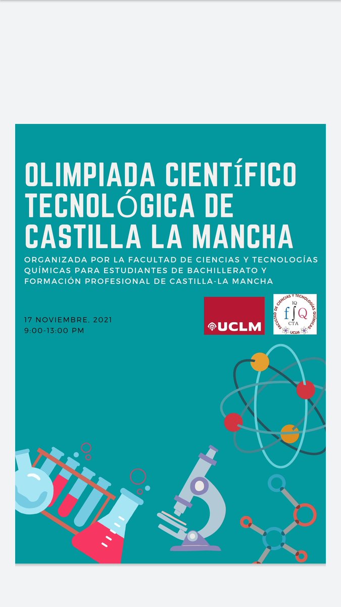 GemaDrGr1's tweet photo. Para celebrar San Alberto, patrón de los químicos, el 17 de Noviembre tendrá lugar la IX Edición de las Olimpiadas Científico Tecnológicas para alumnos de Bachillerato y FP de toda la región. #SemanadelaCiencia2021 #SemanaCienciaUCLM  #nosgustahacerciencia @FCTQ_uclm @uclm_es https://t.co/GPf7thVSlX