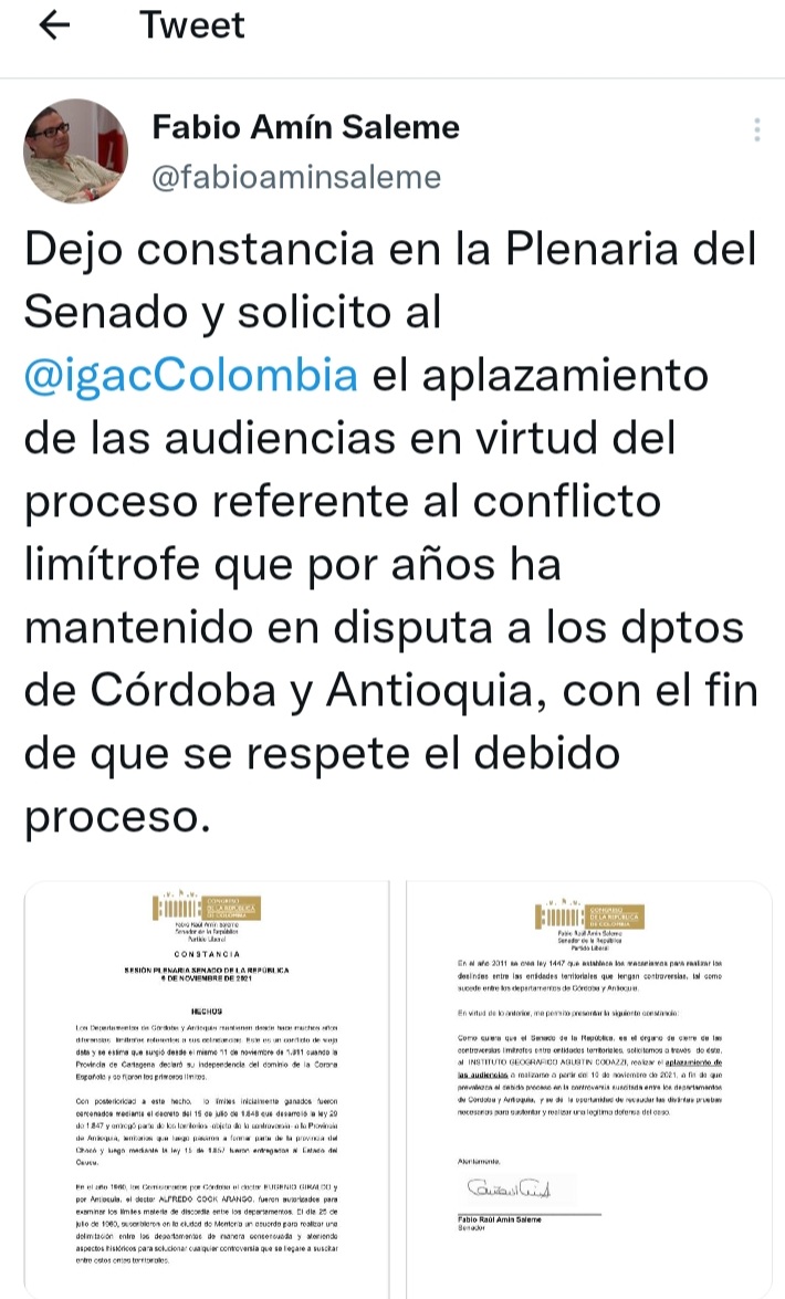 CristyRinconHar's tweet photo. @fabioaminsaleme @igacColombia ATENCIÓN SENADOR @fabioaminsaleme RADICO CONSTANCIA EN LA PLENARIA DEL @SenadoGovCo DONDE LE SOLICITA AL @igacColombia EL APLAZAMIENTO D LA AUDIENCIA EN EL PROCESO LIMÍTROFE ENTRE CÓRDOBA-ANTIOQUIA
REGUEREDEN Q LA EXGOBERNADORA #SANDRADEVIA LES REGALO 100 MIL HECTÁREAS DEL DPTO⬇️ https://t.co/PXCjFDkGHu