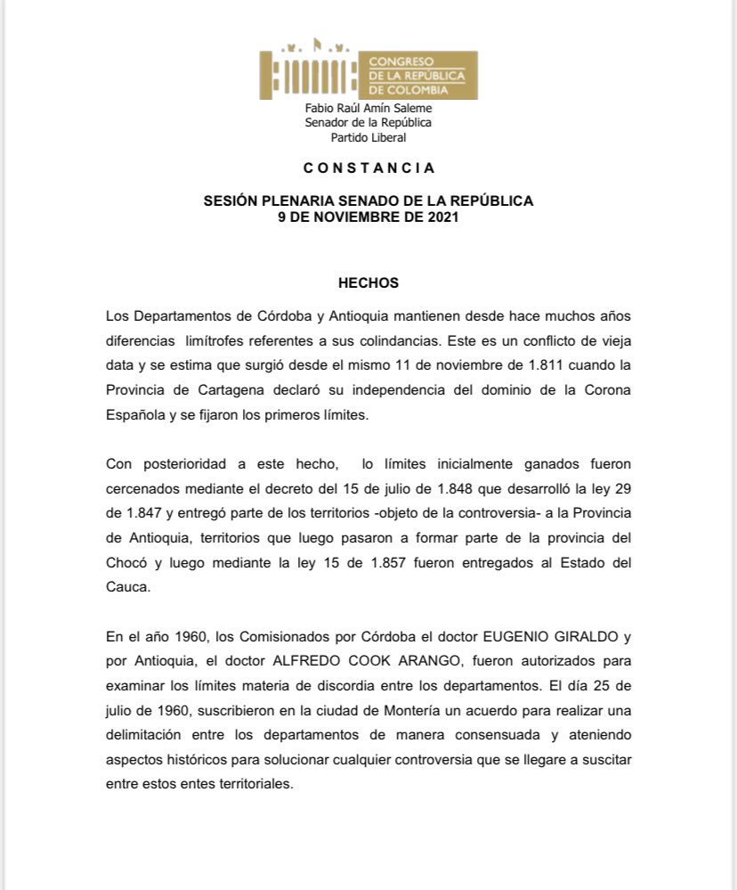 CristyRinconHar's tweet photo. @fabioaminsaleme @igacColombia ATENCIÓN SENADOR @fabioaminsaleme RADICO CONSTANCIA EN LA PLENARIA DEL @SenadoGovCo DONDE LE SOLICITA AL @igacColombia EL APLAZAMIENTO D LA AUDIENCIA EN EL PROCESO LIMÍTROFE ENTRE CÓRDOBA-ANTIOQUIA
REGUEREDEN Q LA EXGOBERNADORA #SANDRADEVIA LES REGALO 100 MIL HECTÁREAS DEL DPTO⬇️ https://t.co/PXCjFDkGHu