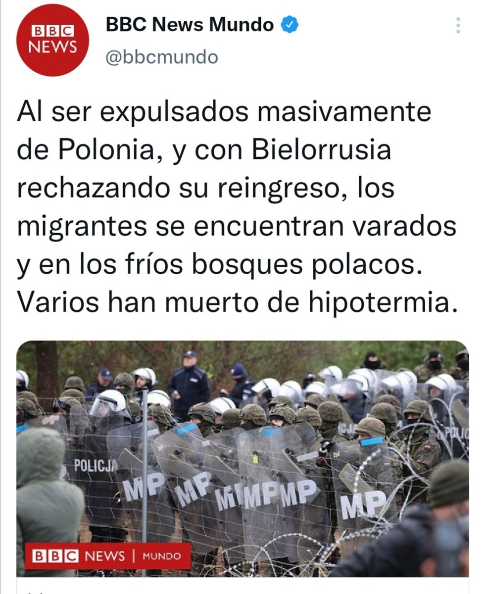 BInmigracion's tweet photo. ⛔ BULO de @bbcmundo. "Al ser expulsados masivamente de Polonia, y con Bielorrusia rechazando su ingreso, los migrantes se encuentran varados y en los fríos bosques polacos."

❌ FALSO: No han sido expulsados masivamente de Polonia porque no han llegado a entrar al país. https://t.co/puRla7evcF