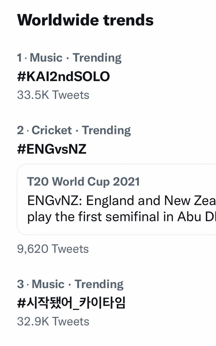 PromoTeamEXO's tweet photo. 🍑WW TRENDS🍑

#KAI2ndSOLO #1 🎉🎉

#시작됐어_카이타임 # #3

SOLOIST KAI IS BACK #7 

KIM JONGIN #19 

#카이 #KAI @weareoneEXO #EXO #엑소 https://t.co/d3T5KHUF8L