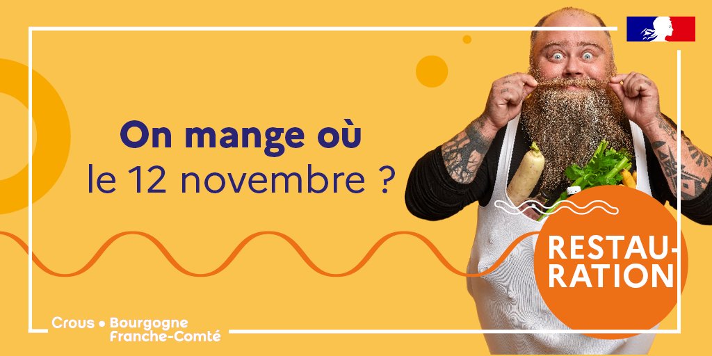 CrousBFC's tweet photo. 📢🍴 [#RESTAURATION] 
Certains de vos Resto U' et Cafet' font le pont ce vendredi 12 novembre ! Retrouvez tout le détail des ouvertures et fermetures de nos structures
👉 https://t.co/d18LDAWjhS
#CrousBFC #Besancon #Dijon #Belfort #Montbeliard #LeCreusot #Sevenans #Vesoul https://t.co/3r8Zyw9kIZ
