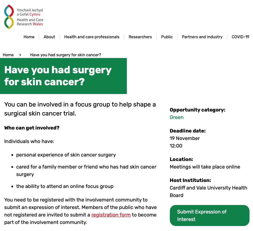 PRIMECentre's tweet photo. Patient / public involvement opportunity: Have you had (or cared for someone who's had) surgery for skin cancer?
You can be involved in a focus group to help shape a surgical skin cancer trial.
https://t.co/a8iEw4k842
#PPI #ResearchInvolvement #skincancerresearch
@ResearchWales https://t.co/zyCx24kmT4