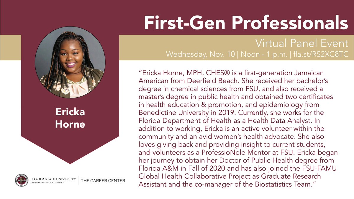 FSUCareerCenter's tweet photo. We'll also be hearing more from Ericka Horne, a @ChemistryFsu alumna, during our virtual panel event in just a couple hours! @FSUartssciences #FGENweek #DesignYourCareer https://t.co/qSSYFgZanj
