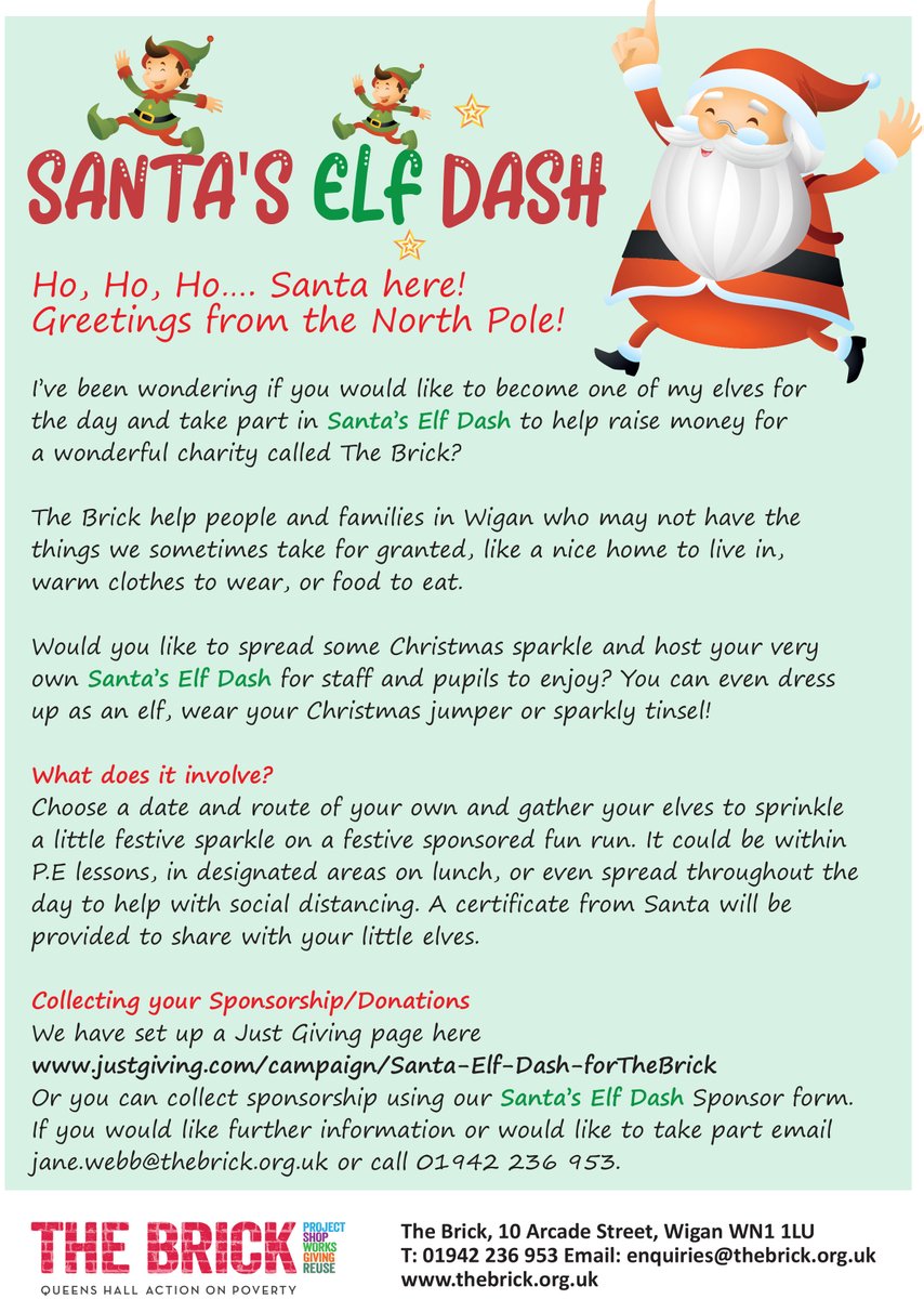 TheBrickWigan's tweet photo. 🤶Are you a local primary school looking to join in some festive fundraising? 🎅 
Would you like to spread some Christmas sparkle and host your very own Santa’s Elf Dash for staff and pupils to enjoy? 🏃More information here 👇
https://t.co/fCKy4cOlQ0
#ElfDash #Christmas2021 https://t.co/1JhV50Tqup