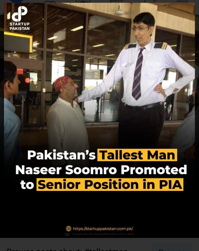 MarviSoomro_'s tweet photo. Pakistan’s tallest man Naseer Soomro has been promoted to the position of Senior Passenger Handling Services Officer in Pakistan International Airlines (PIA).
#startuppakistan #pakistan #tallestman #naseersoomro #seniorposition #PIA https://t.co/yRhYpGWfuh