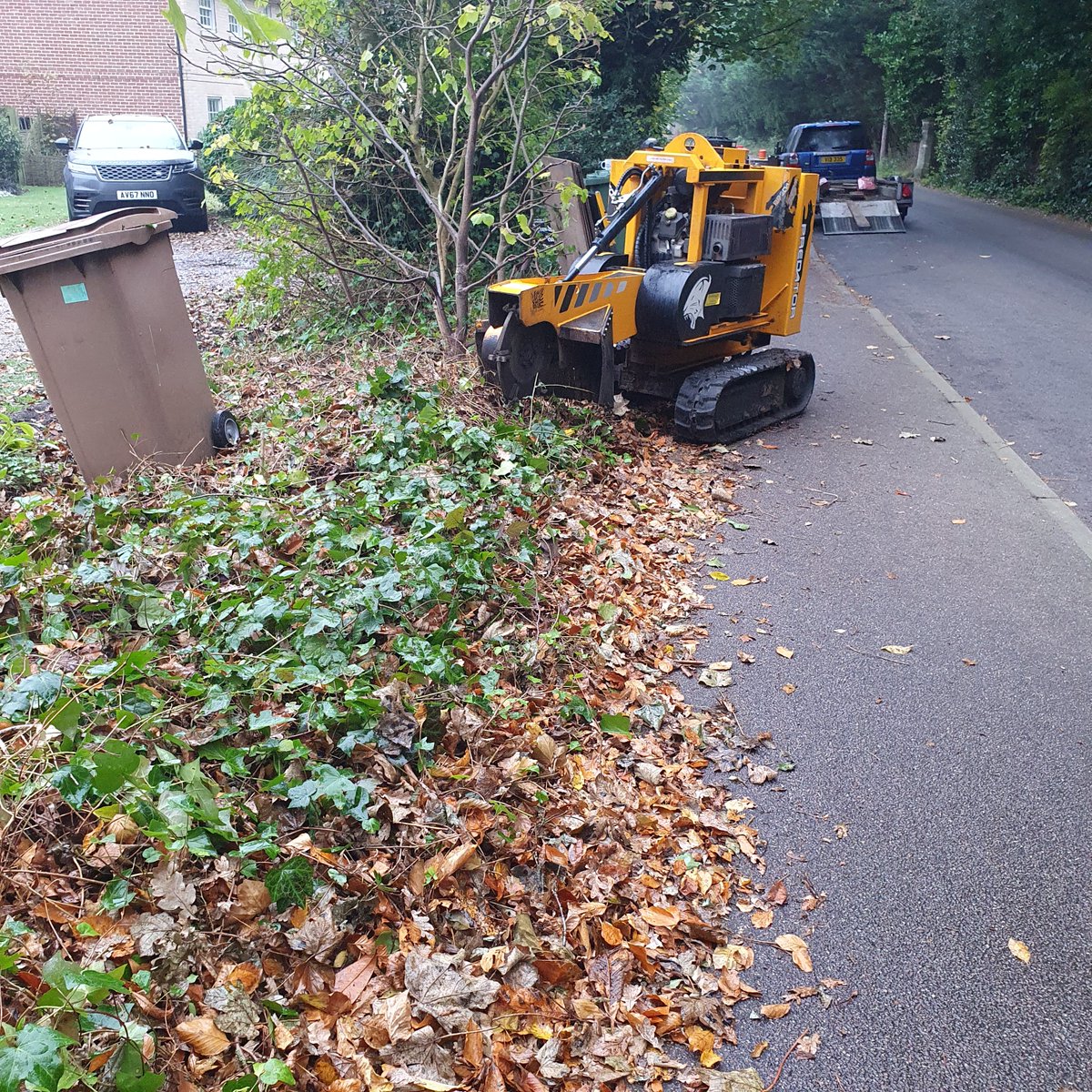 TreeGrinding's tweet photo. Tree stump grinding a row of hedgerow tree stumps in East Bergholt, Suffolk. Here you can see the before and after pictures, there was plenty of ivy between the tree stumps. #Treestumpgrinding #treestumpremovals #EastBergholt #Colchester #stumps #Suffolk https://t.co/6Yx8mL7nl3