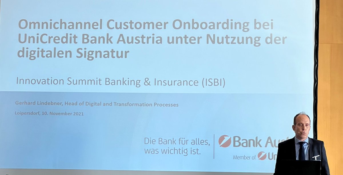 Today at LSZ Innovation Summit #Banking &amp; #Insurance #IBSI21: Project report on #ElectronicSignature integration: <a href="/Bank_Austria/">UniCredit Bank Austria AG</a> optimizes #CustomerOnboarding with solutions from #Namirial - presented by Mag. Gerhard Lindebner, Head of Digital and Transformation Processes