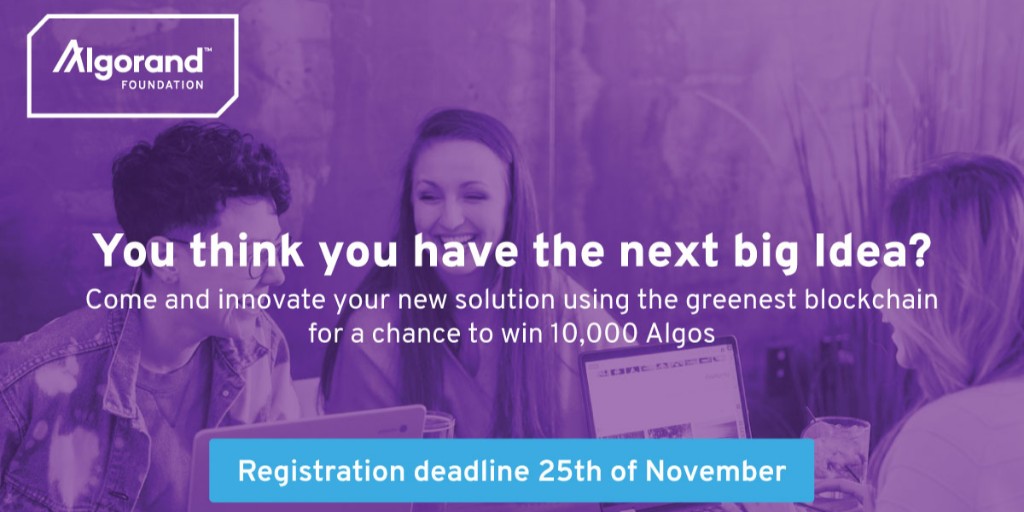 AlgoFoundation's tweet photo. Announcing #AlgorandHackathon, powered by @whub_io!
Build on the worldโs greenest blockchain, prototype your ideas, gain insights from industry experts & to win crypto prizes up to 10,000 Algos.
Pick a challenge: https://t.co/Tox0kUtShN
#algorandhackathon #sustainability https://t.co/yAJFEMP4CP