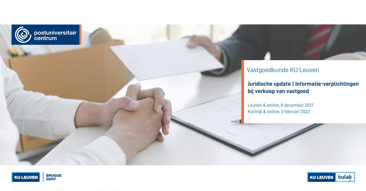 Een geldige vastgoedovereenkomst begint met de juiste informatie delen met de kandidaat-koper. 
Welke informatie dat allemaal is en wat de risico's, gevolgen en sancties zijn als het dan toch fout loopt, bespreken we in dit seminarie. 
Meer info: puc.kuleuven.be/nl/opleiding/i…