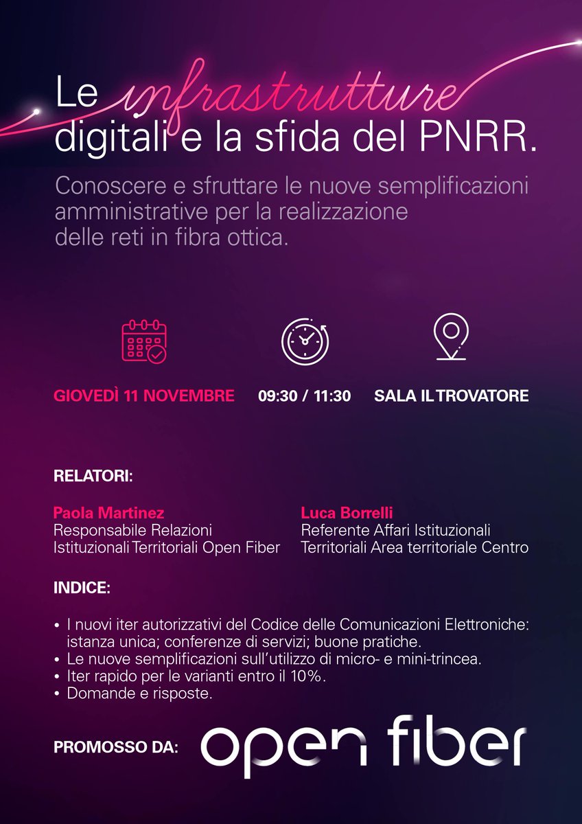 Domani alle 9:30 si terrà il workshop “Le infrastrutture digitali e la sfida del PNRR. Conoscere e sfruttare le nuove semplificazioni amministrative per la realizzazione delle reti in fibra ottica” promosso da #OpenFiber e aperto ai partecipanti di #anci2021.
<a href="/ANCI_comunicare/">ANCIcomunicare</a>