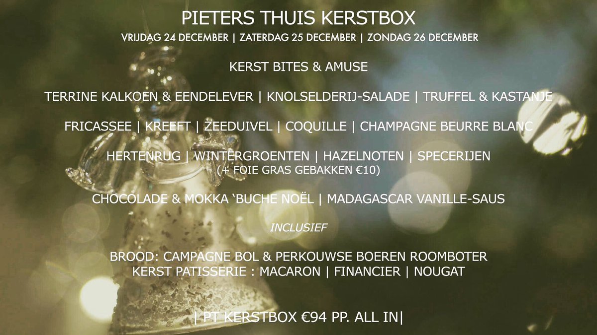 Sterren*stralen met kerst thuis dit jaar! 
Pieters Restaurant ⭐️ heeft voor de aankomende kerstdagen weer een smaakvolle TakeAway Kerstbox🌲  samengesteld!
Voor meer info en bestellen kijkt u op : pietersrestaurant.nl/kerstbox of 0182 355750