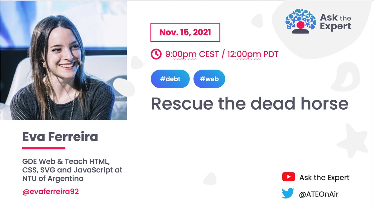 ATEOnAir's tweet photo. Save the date ! 
👉Next Monday the 15th , we will have the pleasure to receive @evaferreira92
 to talk about technical debt in web projects 💪 . Two way to join us : https://t.co/fkTrbTY1my or https://t.co/EDrQ98vmun https://t.co/DE8F06F0cd
