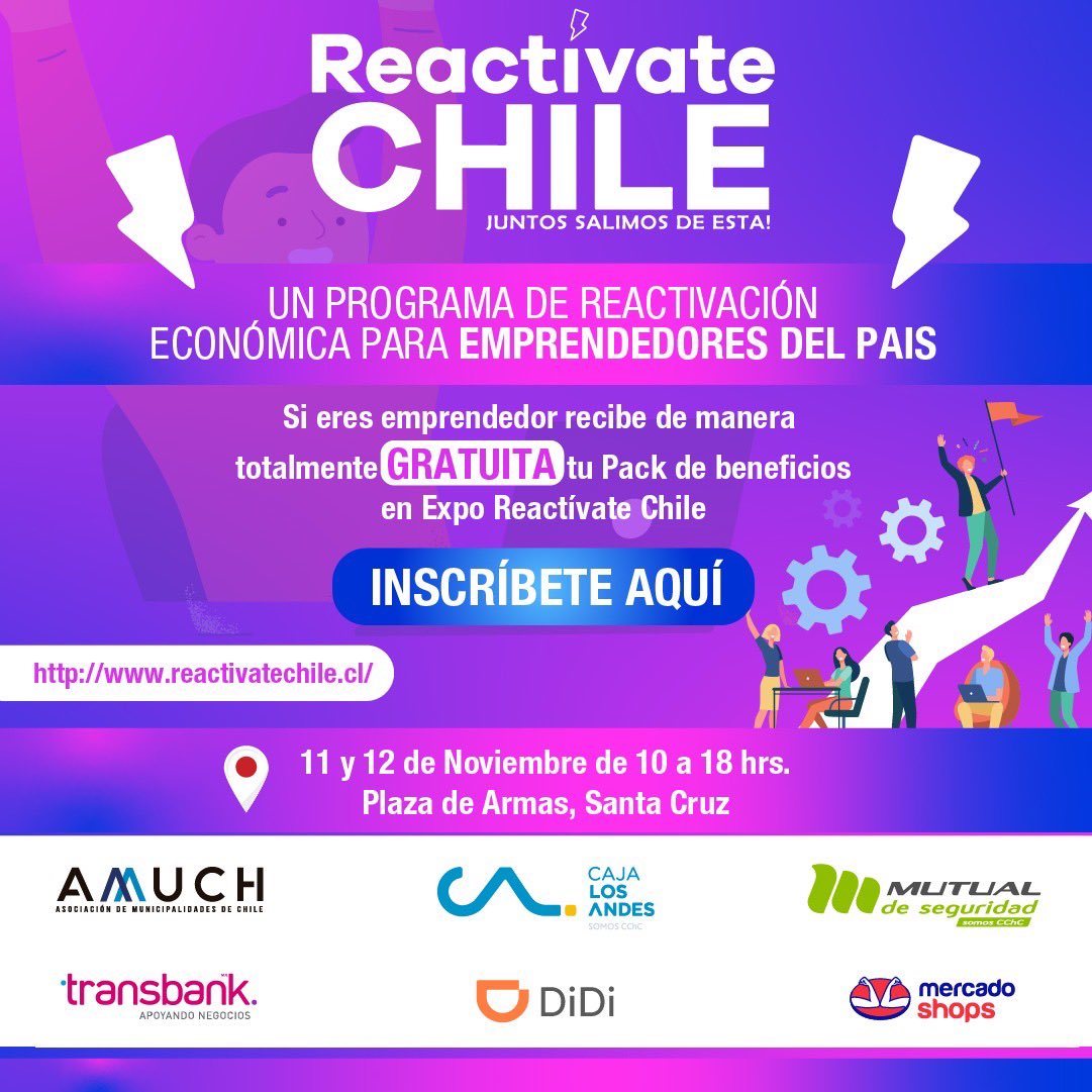👀 #OHiggins este 11 y 12 de noviembre en Plaza de Armas #SantaCruz llega Expo #ReactívateChile programa de reactivación económica para que emprendedores  puedan fortalecer sus negocios, participa y recibirás de forma gratuita tu pack de beneficios 👉reactivatechile.cl