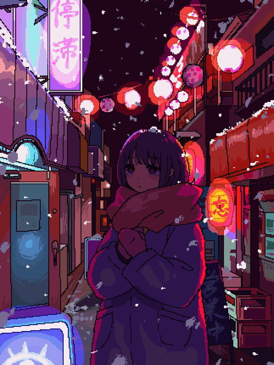 1girl solo scarf coat outdoors night lantern  illustration images