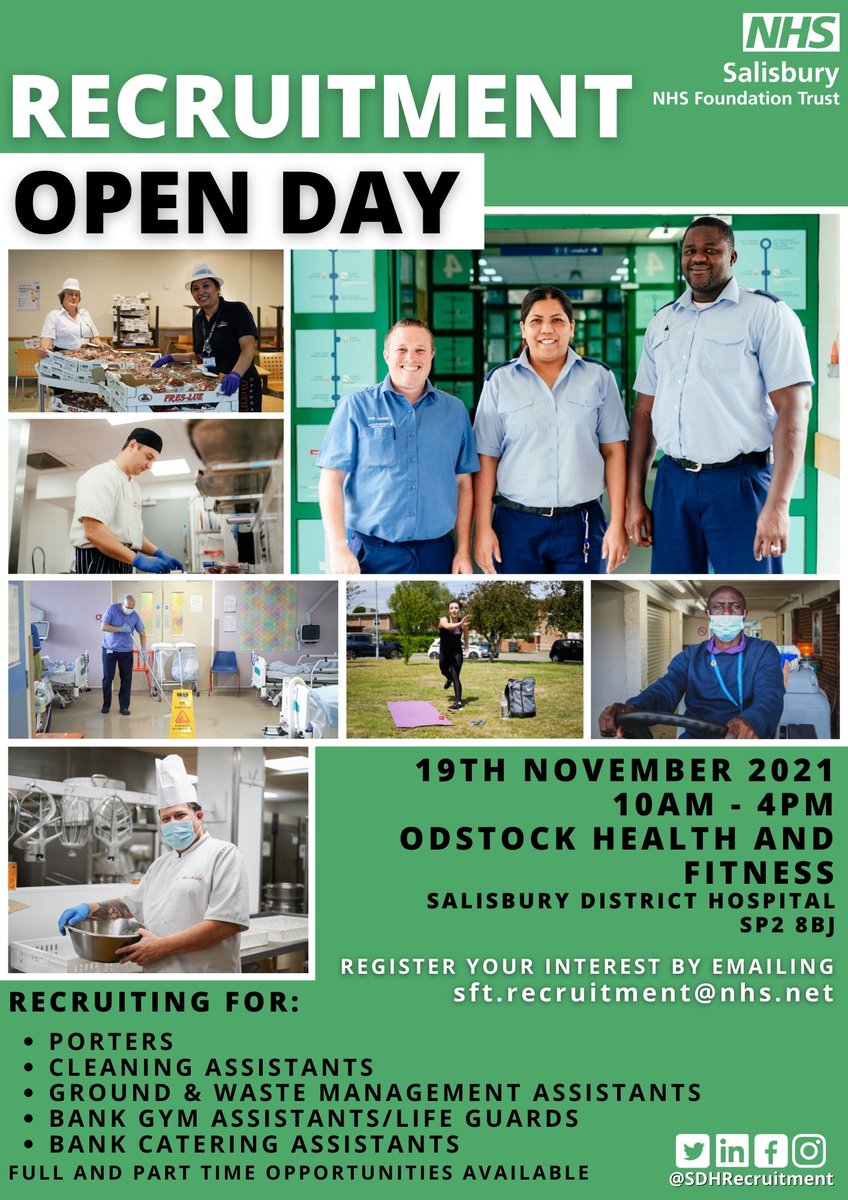📢RECRUITMENT OPEN EVENT - Our incredible Facilities department need you! Are you looking for a new role in an organisation that values you? Join us on 19th November here <a href="/SalisburyNHS/">Salisbury Hospital</a>! To register your interest or for more info please email sft.recruitment@nhs.net 👩‍🍳🏊🏥