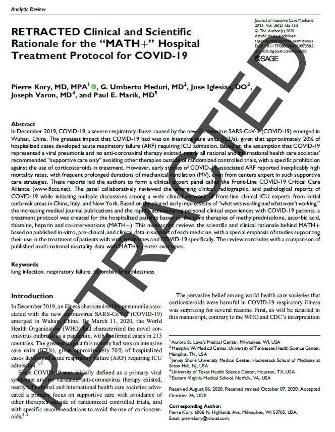 The publication suggesting that several ineffective #COVID19 treatments taken together would save lives ... data wrong &amp; now retracted

In fact, mortality was:
receiving 1 MATH+ drug 24.7%
receiving all 4 MATH+ drugs 28%
mortality without MATH+ &lt;10.5%

journals.sagepub.com/doi/full/10.11…