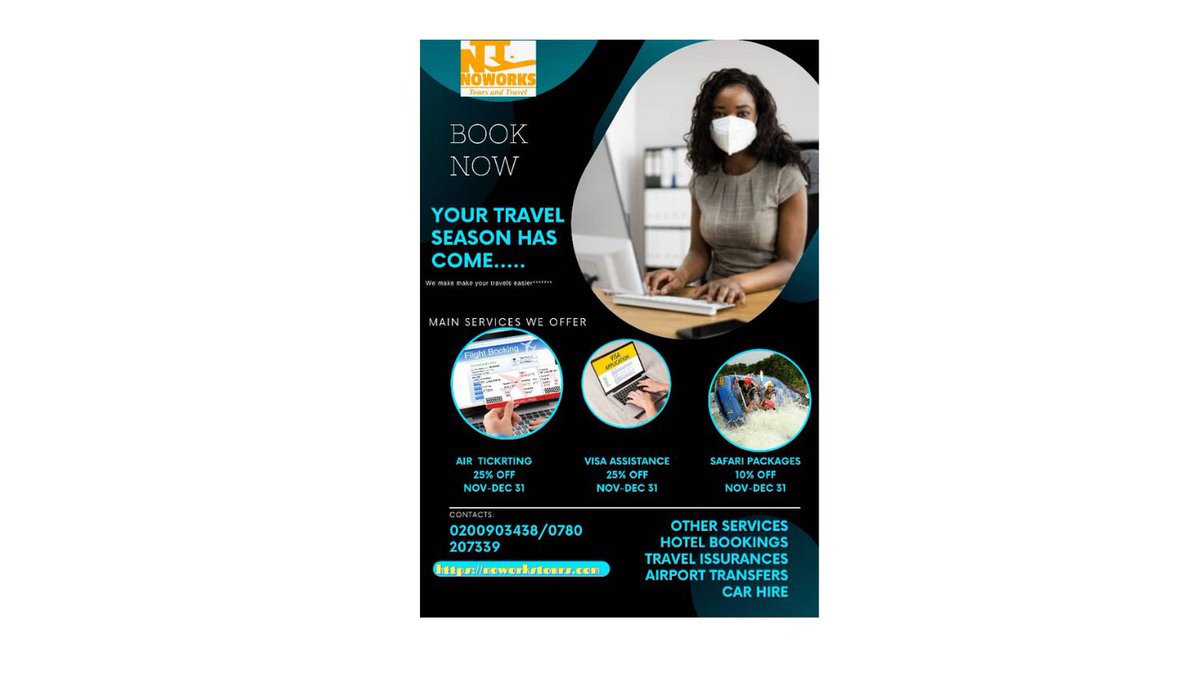 McKCarol256's tweet photo. Book a flight and get 25% off with @NoworkstoursLTD this festive season.

They handle all travel needs from air ticketing to hotel booking.

Whatsapp them on 0753670618 or call 0780207339 for inquiries.

#NoworksTravel https://t.co/cgf20EpujZ