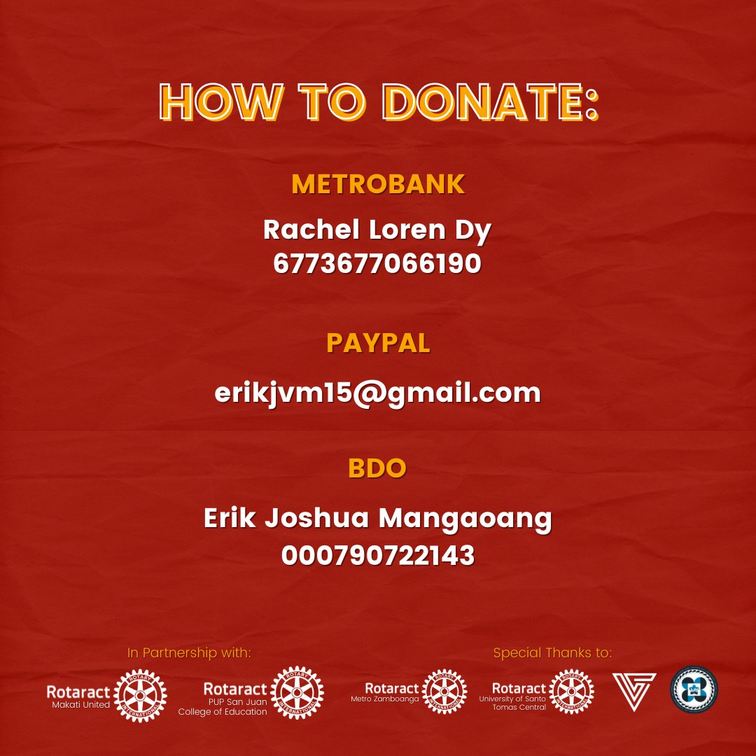 RotaractOfUPM's tweet photo. If you wish to support RAC UPM’s community service projects, you may donate through the following donation channels:

Metrobank
Rachel Loren Dy
6773677066190

Paypal
erikjvm15@gmail.com

BDO
Erik Joshua Mangaoang
000790722143 https://t.co/UZwlMnJlhT