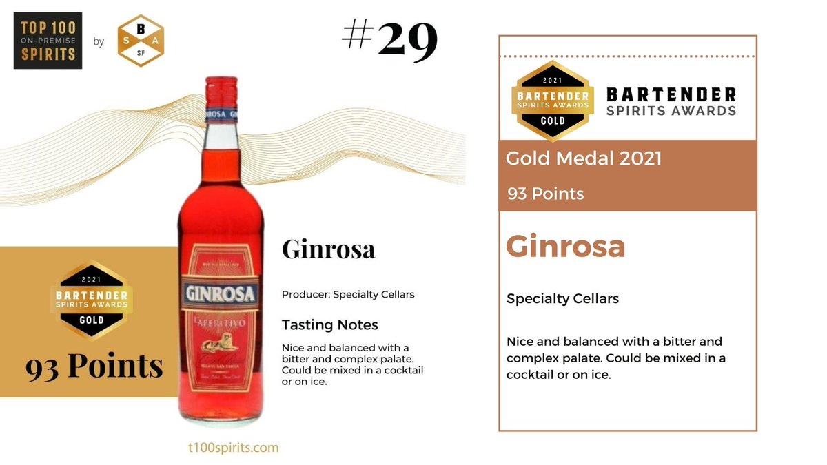 Ginrosa by #specialtycellars won a #goldmedal at the 2021 <a href="/BartenderAwards/">Bartender Spirits Awards</a> and was placed at no. 29 in the <a href="/Top100SpiritBSA/">Top 100 On Premise Spirits</a> list!⠀⠀

Congratulations to the entire team on this victory!

#gin #cocktails #drinks #gintonic #bartenders