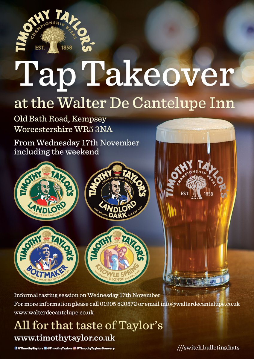 TimothyTaylors's tweet photo. 𝗧𝗜𝗠𝗢𝗧𝗛𝗬 𝗧𝗔𝗬𝗟𝗢𝗥'𝗦 𝗧𝗔𝗣 𝗧𝗔𝗞𝗘𝗢𝗩𝗘𝗥

📍 @decantelupe | Kempsey, Worcester
📅 from Wednesday 17 November

🍺 Landlord, Boltmaker, Knowle Spring and Landlord Dark

📞 01905 820572
✉️ info@walterdecantelupe.co.uk https://t.co/RteBsx4UU3
