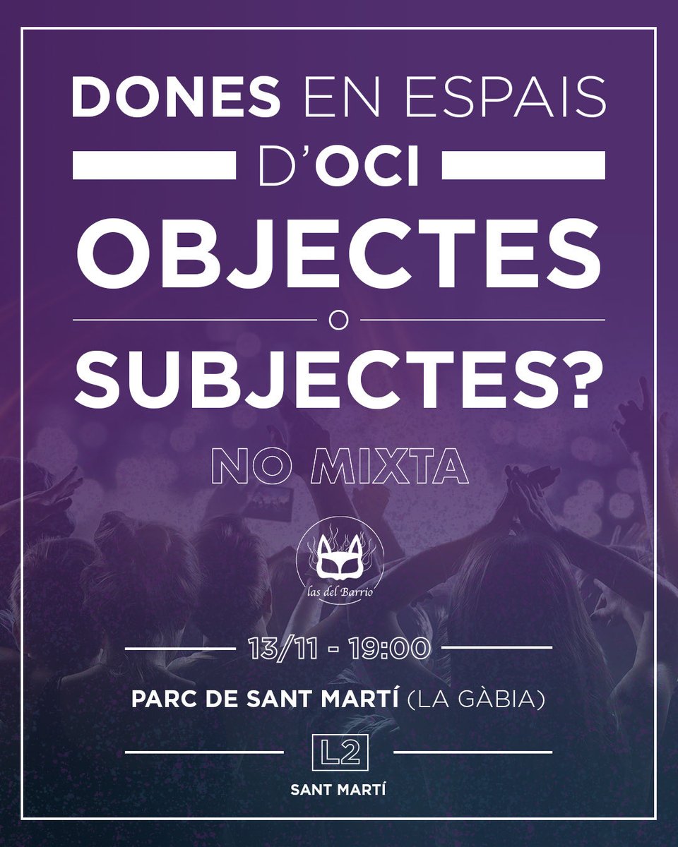 Dones en espais d'oci, objectes o subjectes? 

Ens han fet creure que les agressions són culpa nostre, que si no ens sentim segures es perque ens ho hem buscat

Ens veiem dissabte 13 a les 19h a la Gàbia del Parc de Sant Martí, traete a tus amigas ✨
