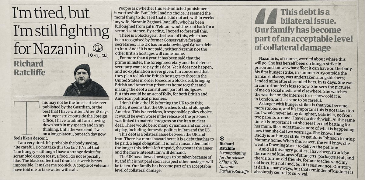 HilaryBurrage's tweet photo. Richard Ratcliffe, husband of #FreeNazanin

writes on Day 18 of his hunger strike >

⁦@trussliz⁩ ⁦@BorisJohnson⁩ 
This is on YOU.

#PayTheDebtNOW

#IranianHostages have been taken (unforgivably) for money the U.K. owes.
Pay . It . Now.

Let Richard and Nazanin go home https://t.co/z1NYaPWIES