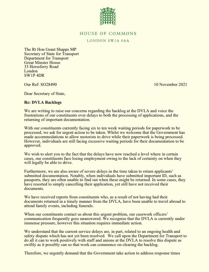 sarahjolney1's tweet photo. I've been joined by 62 cross-party MPs in writing to @transportgovuk

We recognise the pressure the DVLA is currently under, but our constituents are having to wait as long as 10 weeks for their paperwork to be processed, making immediate government action therefore imperative. https://t.co/03eHSyWmWC