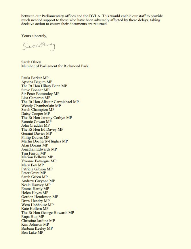 sarahjolney1's tweet photo. I've been joined by 62 cross-party MPs in writing to @transportgovuk

We recognise the pressure the DVLA is currently under, but our constituents are having to wait as long as 10 weeks for their paperwork to be processed, making immediate government action therefore imperative. https://t.co/03eHSyWmWC
