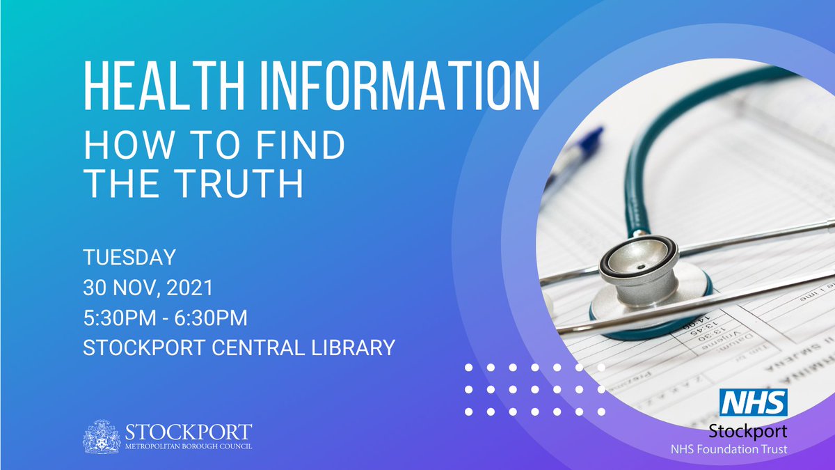 SMBC_Libraries's tweet photo. From Covid to diets we are bombarded with health information these days. 

Join Librarian James Ryan from @StockportNHS  to discuss reliable health information resources.
Tuesday, 30 Nov, 5:30pm at Stockport Central Library

Register by email to sara.brylyn@stockport.gov.uk https://t.co/QRTx6HjNcd