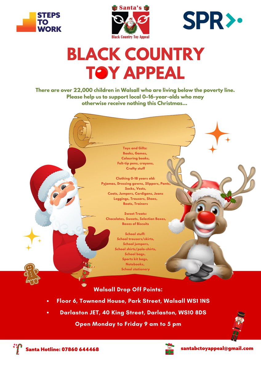 StepsToWork's tweet photo. We are pleased to announce that this year our Townend House and Darlaston JET offices will be official drop-off points for Operation Santa: The Black Country Toy Appeal!
#BCSanta #BlkCountryHour https://t.co/rAxqeRYJB2