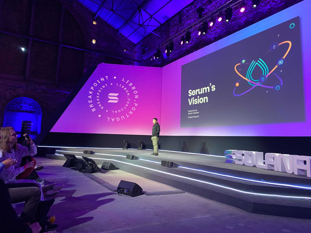 SolanaEvents's tweet photo. Now on stage at LxFactory, Edward Zuo is explaining the vision of @ProjectSerum. Watch: https://t.co/qRScn3bCBM #SolanaBreakpoint https://t.co/I2PENYuPBC