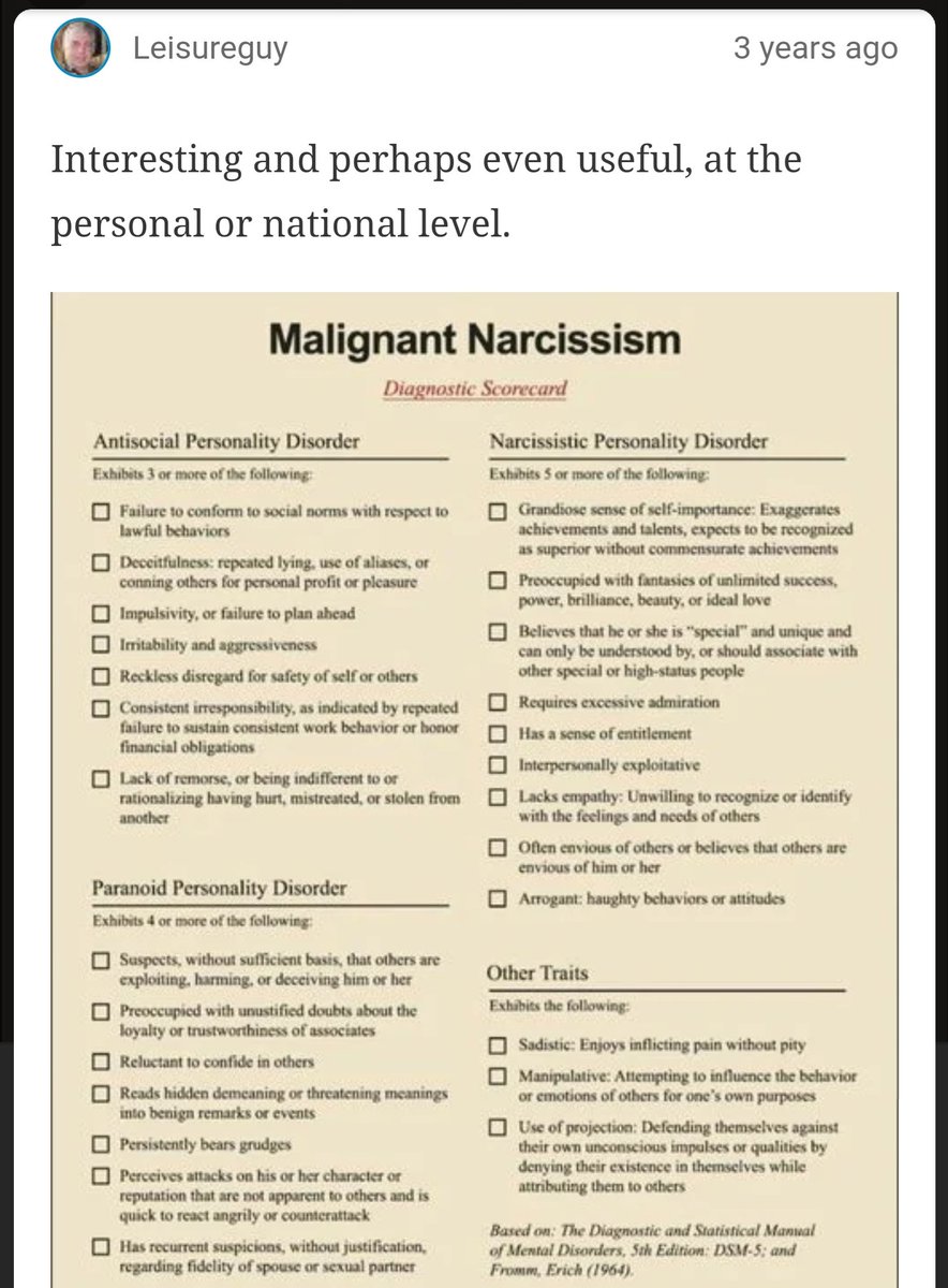 dimla62's tweet photo. Here's a diagnostic tool to use if you suspect someone is a Malignant Narcissist. https://t.co/1gwXtTS19y