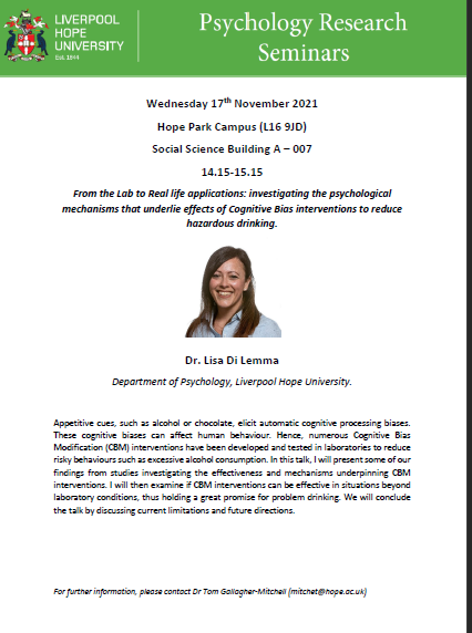 Our first research seminar talk will take place next Wednesday 17th at 14.15  on our Hope Park Campus. We are excited to hear about the fascinating work  <a href="/lisa_dil/">DiL_Lisa</a> from our Social &amp; Applied research group has been conducting. Students, Staff and Community most welcome.