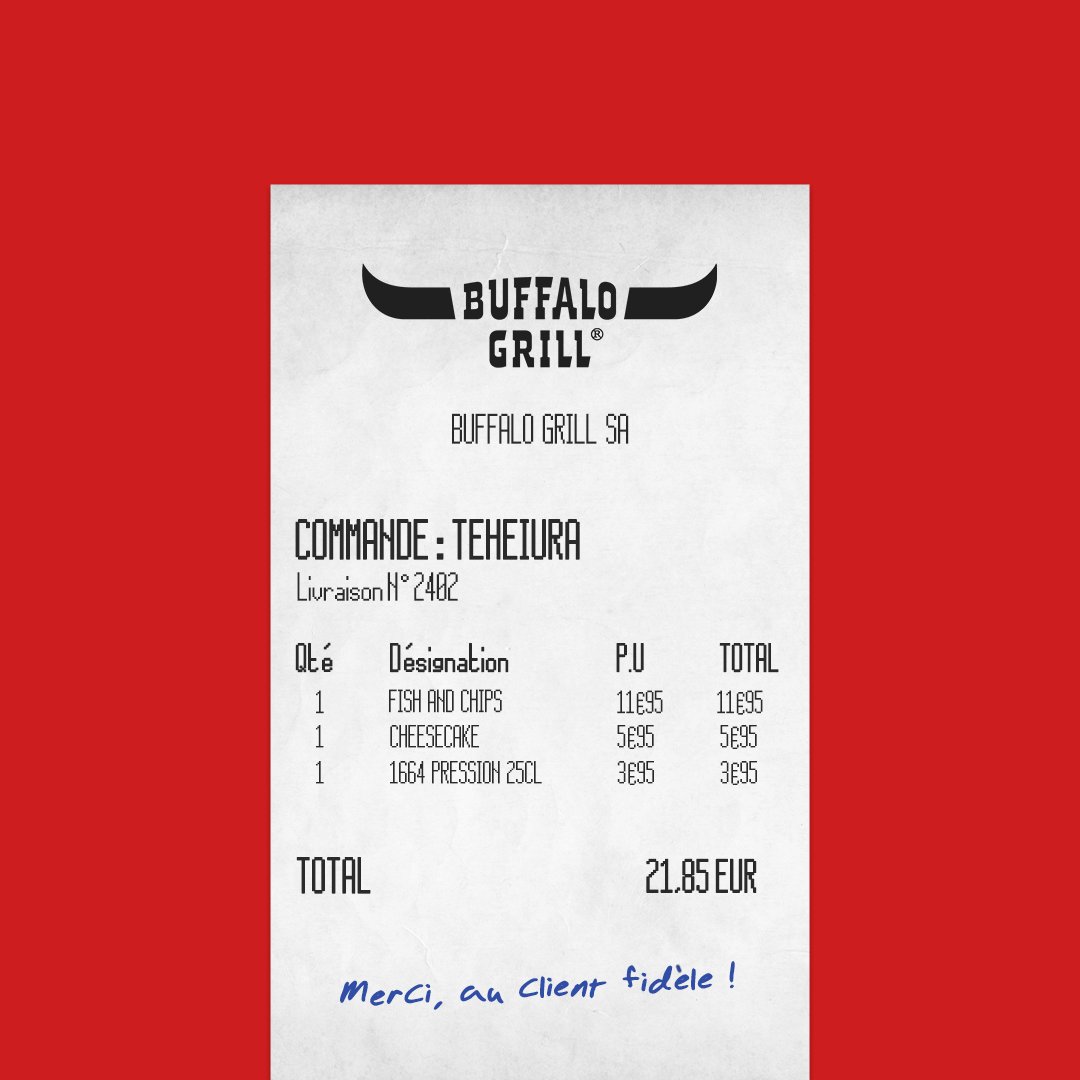 BuffaloGrill's tweet photo. On a retrouvé le ticket de commande de Teheiura #KohLanta2021 https://t.co/3xNDonO91Q