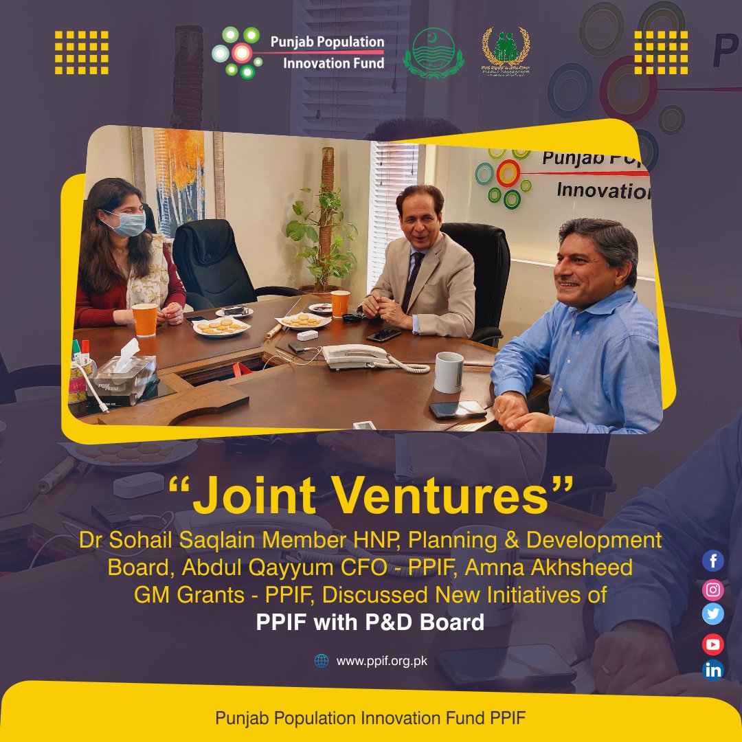 PpifPunjab's tweet photo. Dr. Sohail Saqlain Member HNP, Planning &amp; Development Board, Abdul Qayyum CFO- PPIF, Amna Akhsheeed GM Grants-PPIF, Discussed new Initiatives of PPIF With P&amp;D Board
@govtofpakistan 
@PpifPunjab 
@PnD_Punjab

#ppifpunjab 
#governmentofpakistan https://t.co/ouRNTX2wW7