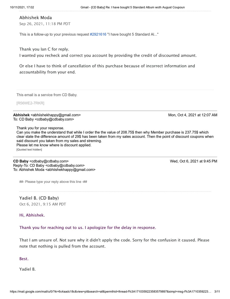 AbhishekModa's tweet photo. @cdbaby  complaint id #2921616 
Instead of reversing the purcharse  and refund, you have charges the same amount into my card again, Hence you are requested to Refund the my Purchase of 237.75$ and 237.75$ which you pulled from my card unauthorisedly. https://t.co/cJhDDUmaEt