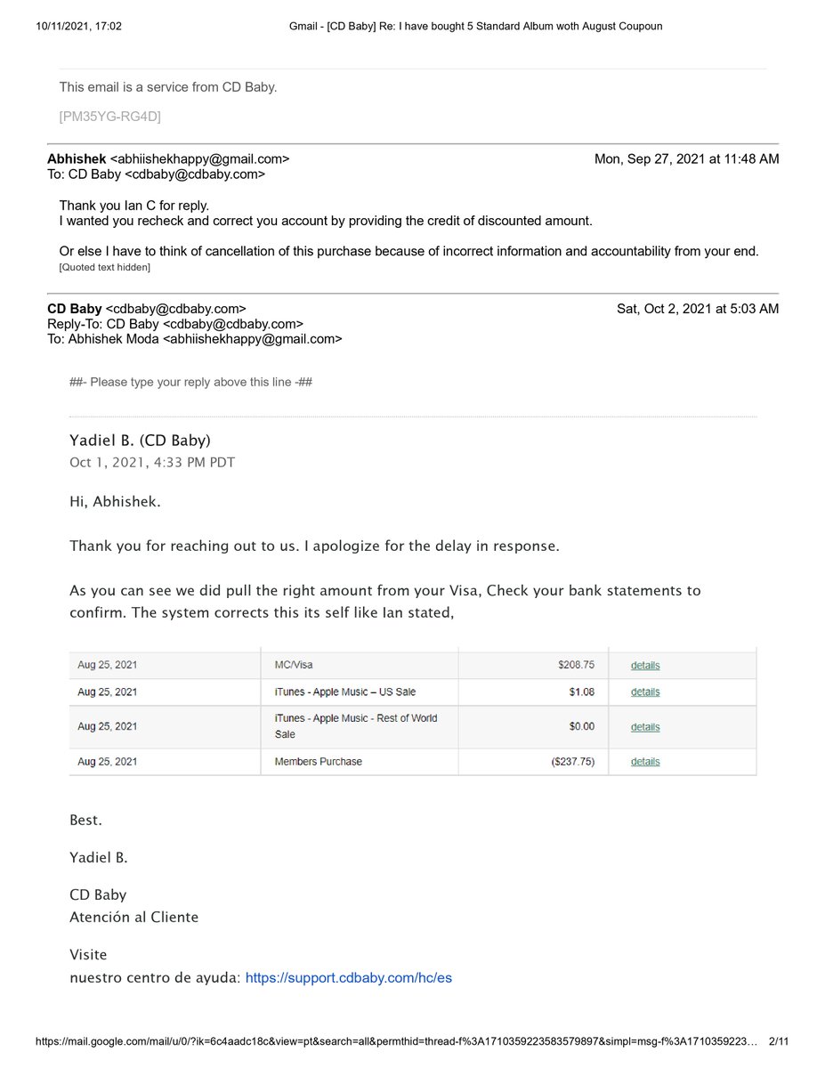 AbhishekModa's tweet photo. @cdbaby  complaint id #2921616 
Instead of reversing the purcharse  and refund, you have charges the same amount into my card again, Hence you are requested to Refund the my Purchase of 237.75$ and 237.75$ which you pulled from my card unauthorisedly. https://t.co/cJhDDUmaEt