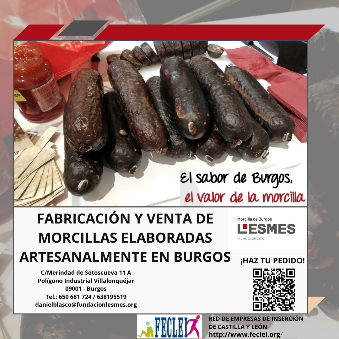 Feclei's tweet photo. Morcillas San Lesmes de la empresa de inserción REUSAD, lleva a tu mesa la morcilla, uno de los productos por excelencia de la gastronomía burgalesa!
Elaborada de forma artesanal, seleccionando cuidadosamente los productos y respetando la receta original.  #empresasocial #Feclei https://t.co/A2kXbKUrwI