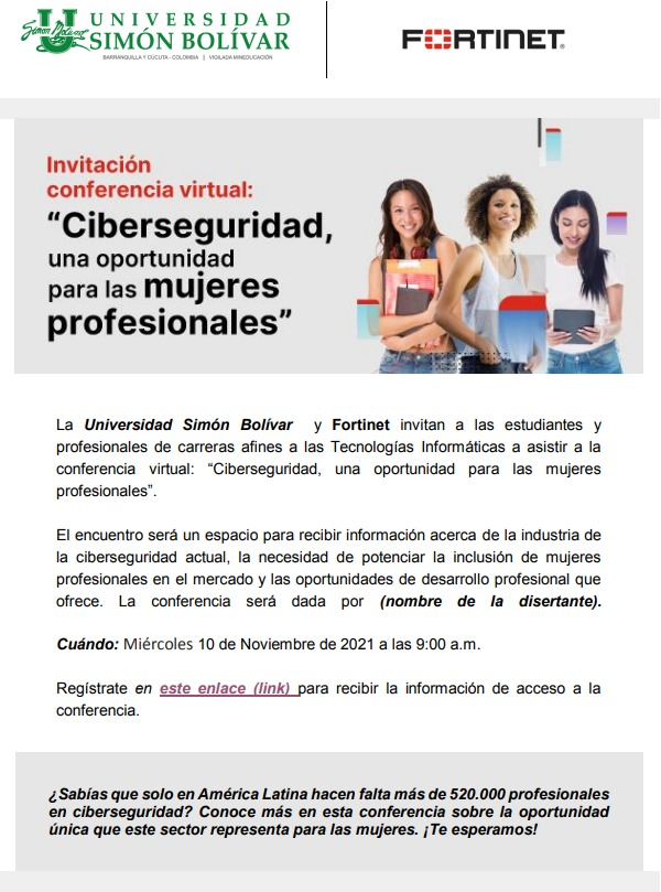 amessino's tweet photo. Hoy conferencia en @unisimon.  “Ciberseguridad, una oportunidad para las mujeres
profesionales”.   En alianza con @Fortinet https://t.co/ldzETAjtVx