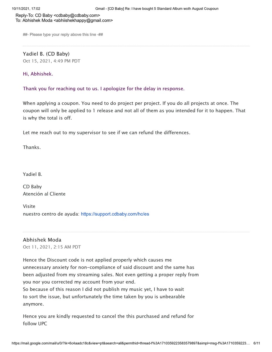 AbhishekModa's tweet photo. @cdbaby
  complaint id #2921616 
 (PART 2 ) 237.75$ which you pulled from my card unauthorisedly. Hence you are requested to refund 475.50 $ along with banking Charges of 10/11/2021 unauthorised transaction with 3 days. https://t.co/PpweCEg4J0